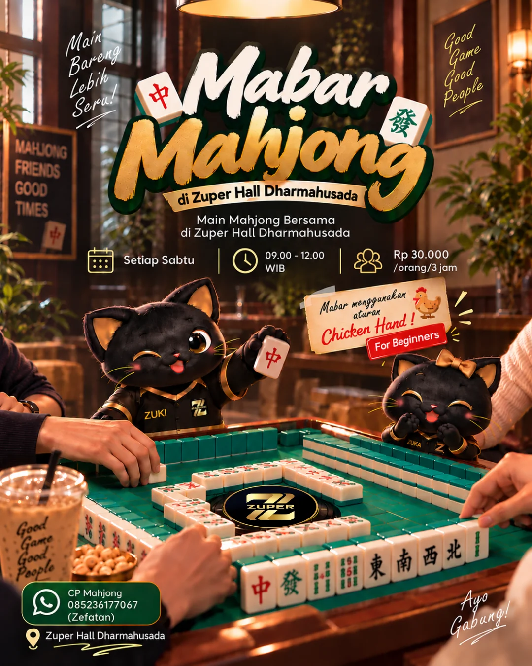 Poster Mabar Mahjong di Zuper Club Dharmahusada: setiap Sabtu 09.00 sampai 12.00 WIB, Rp30.000 per orang per 3 jam, aturan Chicken Hand untuk pemula
