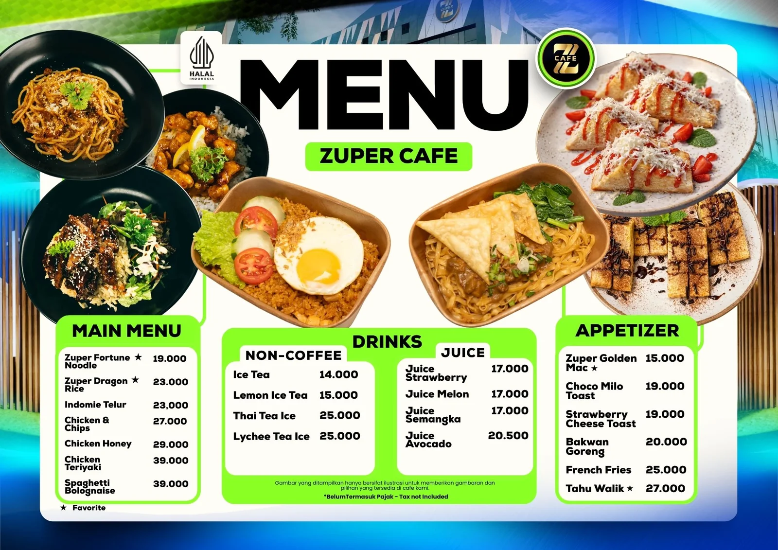 Poster menu lengkap Zuper Cafe dengan daftar harga main menu, minuman, dan appetizer